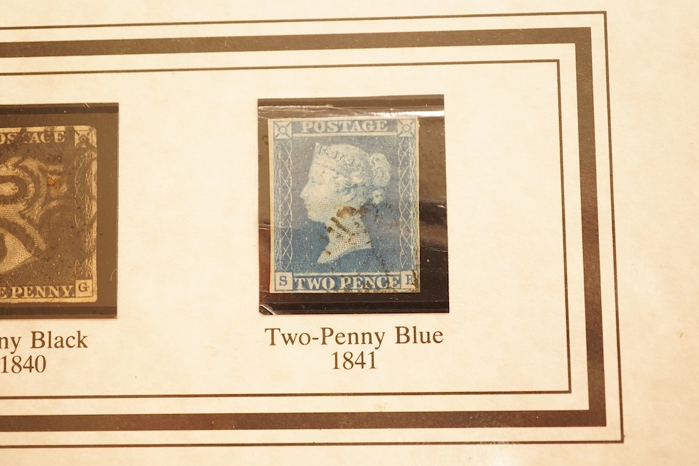 A collection of six 19th century stamps to include 1840 First Edition Two-Penny Blue, 1841 Two-Penny Blue in unused condition, 1841 used Two-Penny Blue, 1840 used Penny Black, 1841 Imperforate Penny Red and 1858-1870 Per